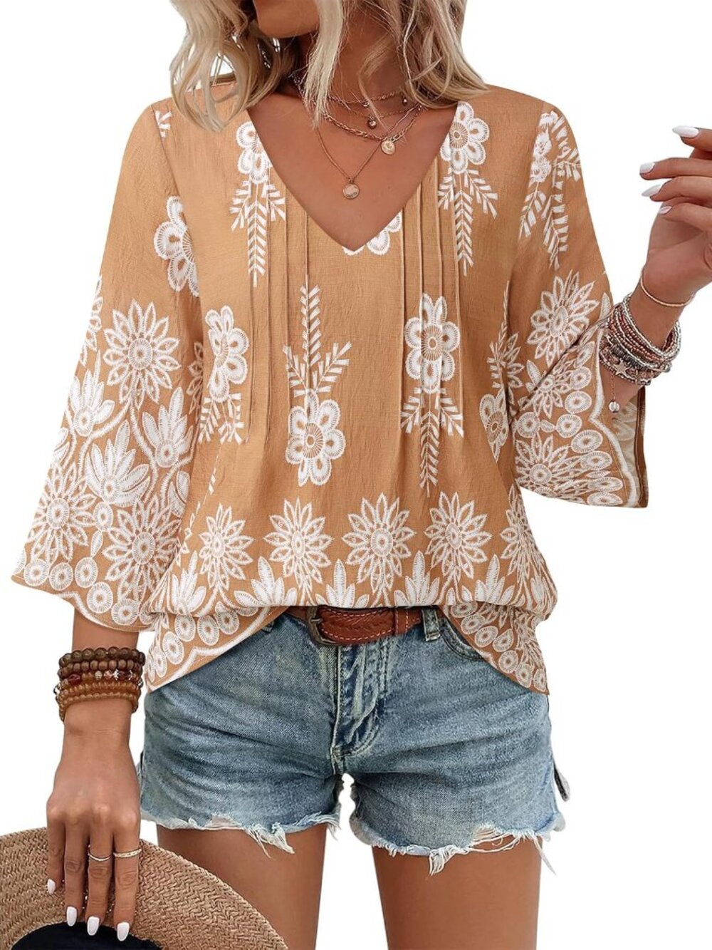 Womens V Neck 3/4 Sleeve Bohemian Casual Blouses Loose Fit Tunic Tops Shirt Boho